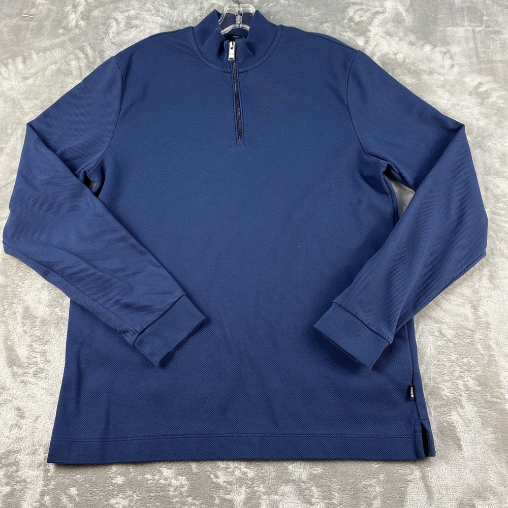 BOSS Pullover Mens XL Slim Fit Blue Quarter Zip Textured Knit EUC